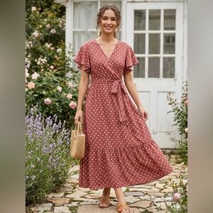 Polka Dot Faux Wrap Maxi Dress